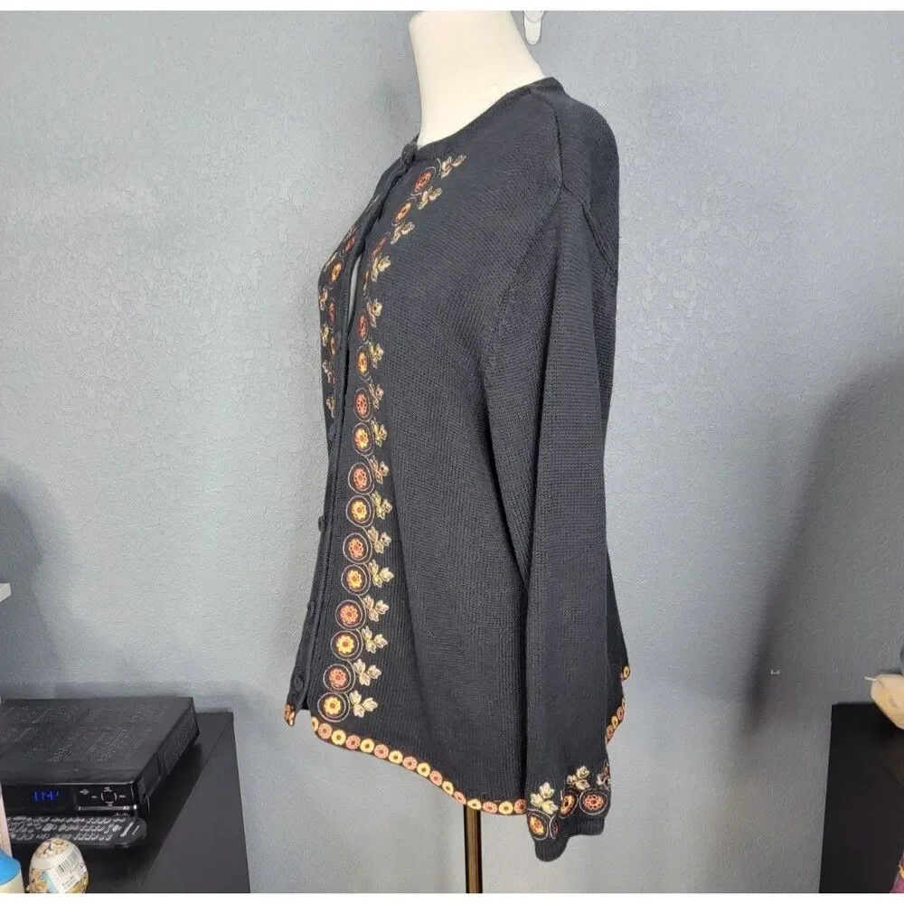 Vtg Bechamel Womens L Black Knit Embroidered Autum Leave Floral Button Cardigan